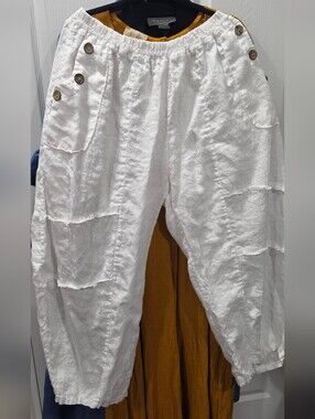 White Linen Barrel Style Women's Pants